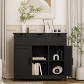 Modern black sideboard cabinet with open shelves and drawers in a minimal living room