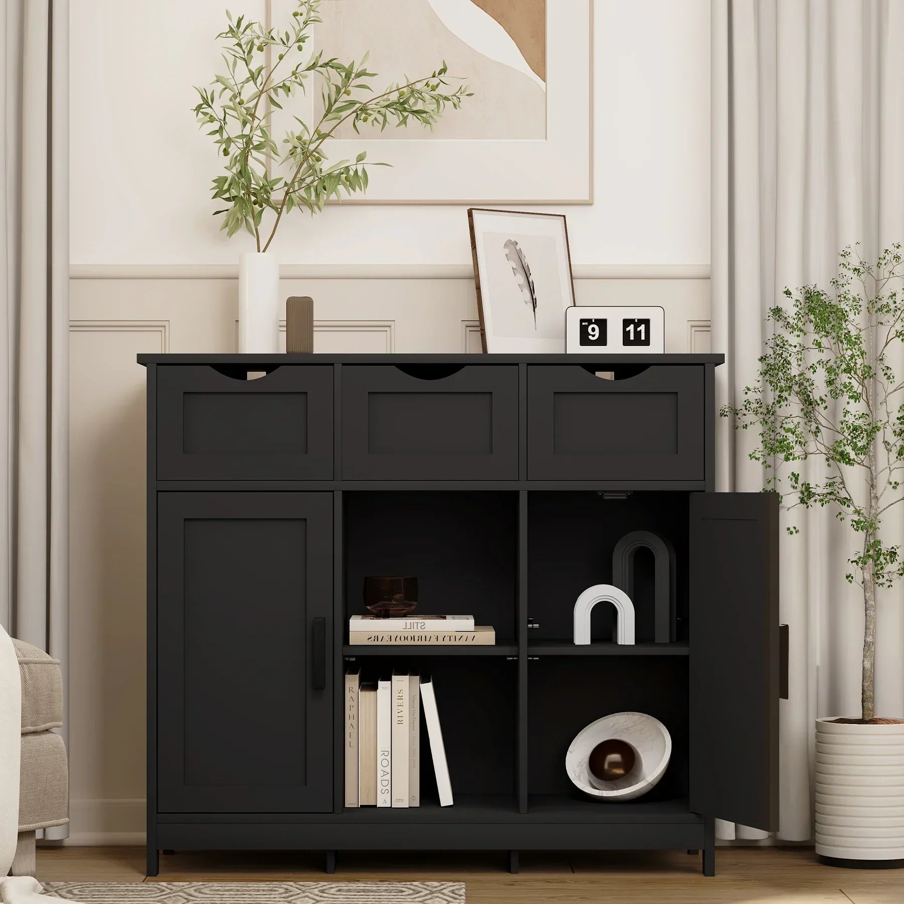 Modern black sideboard cabinet with open shelves and drawers in a minimal living room