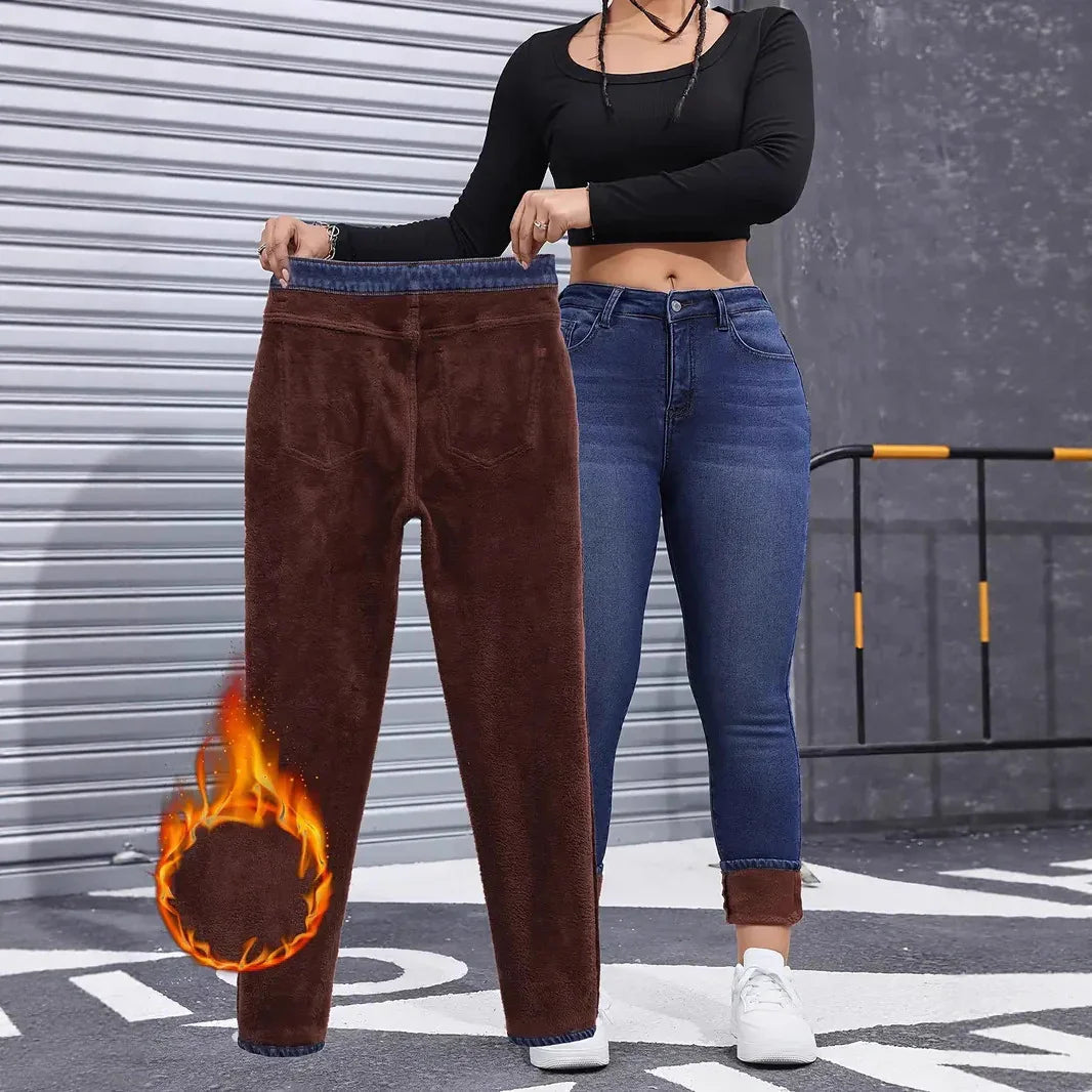 Woman in blue skinny jeans with fleece lining holds brown fleece-lined pants outdoors
