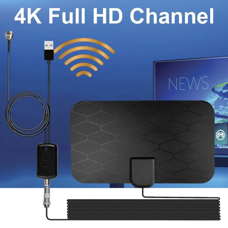 Black rectangular TV antenna with honeycomb pattern, USB and coaxial cable, modern tech design