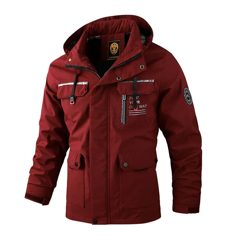 Red streetwear jacket with hood, zip pockets, patch details and relaxed fit