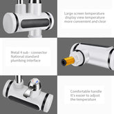 Modern white and black plumbing fixture with temperature display, metal connector, and ergonomic handle.