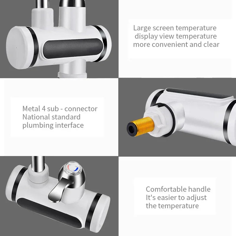Modern white and black plumbing fixture with temperature display, metal connector, and ergonomic handle.