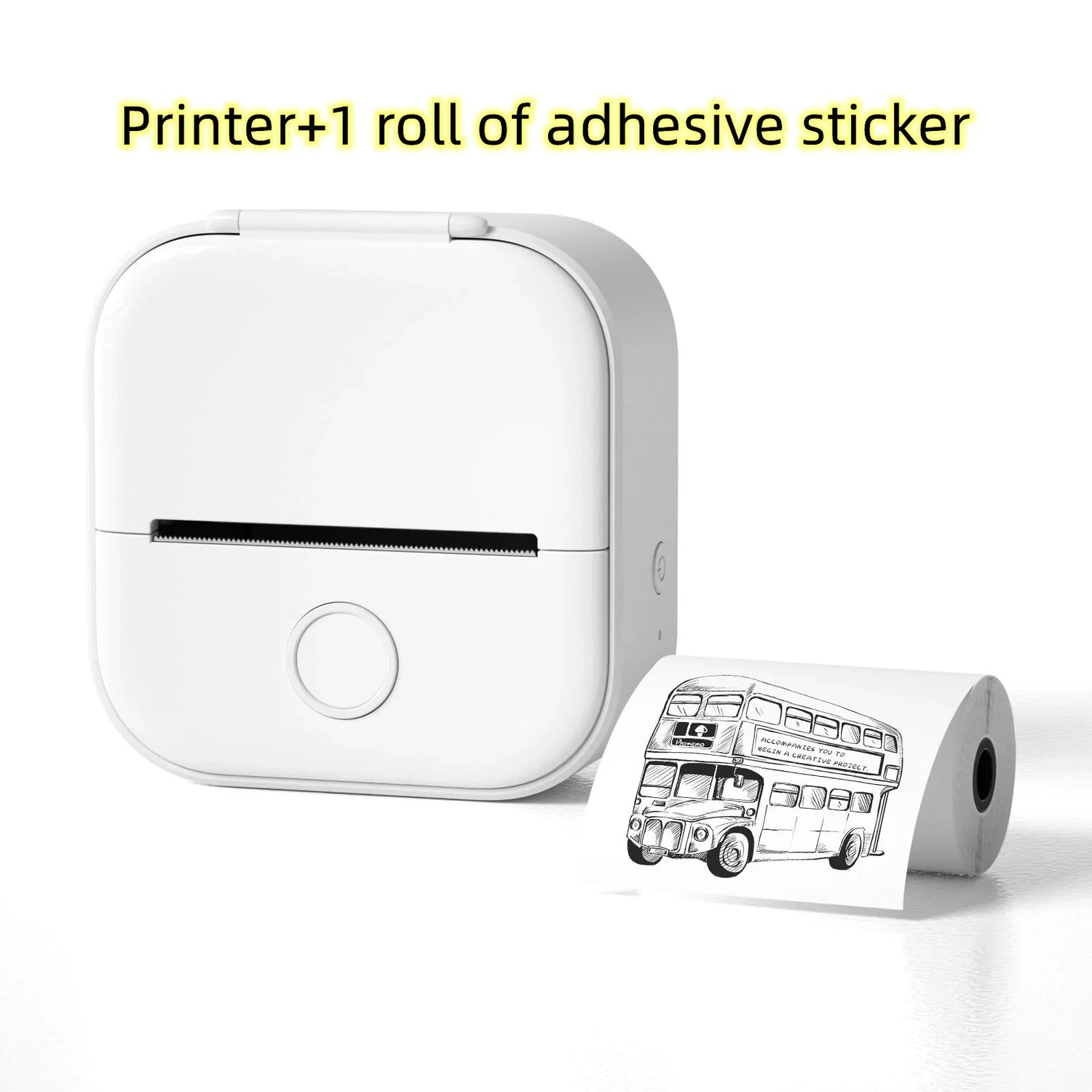Compact white portable sticker printer with roll of adhesive label paper and bus printout.