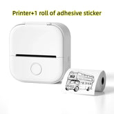 Compact white portable sticker printer with roll of adhesive label paper and bus printout.