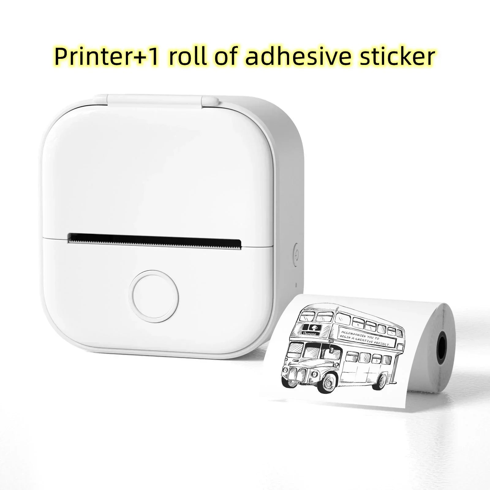 Compact white portable sticker printer with roll of adhesive label paper and bus printout.