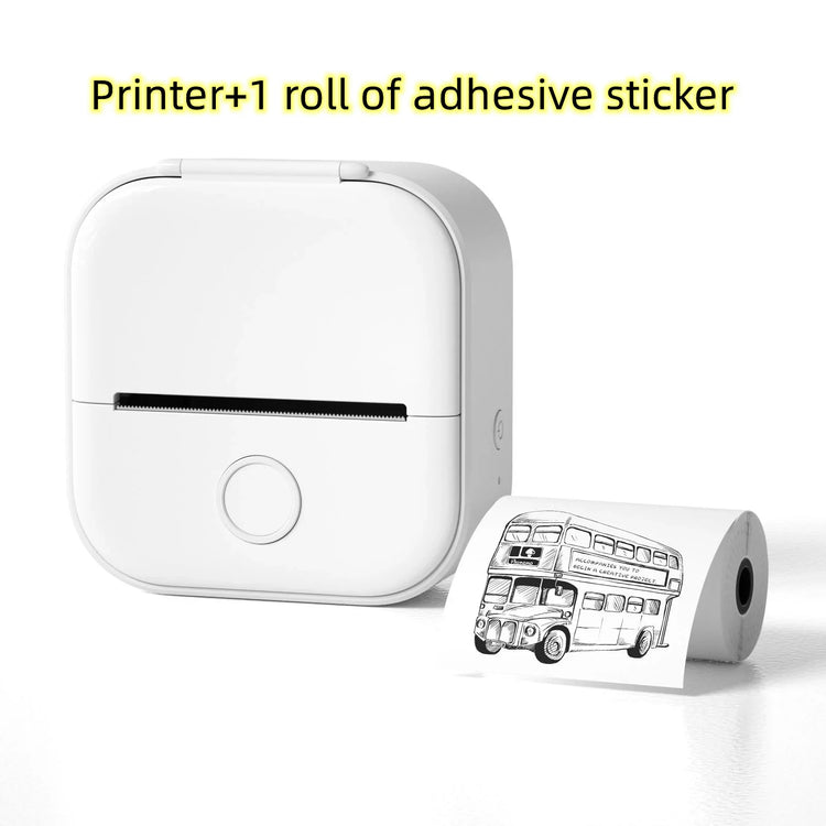 Compact white portable sticker printer with roll of adhesive label paper and bus printout.