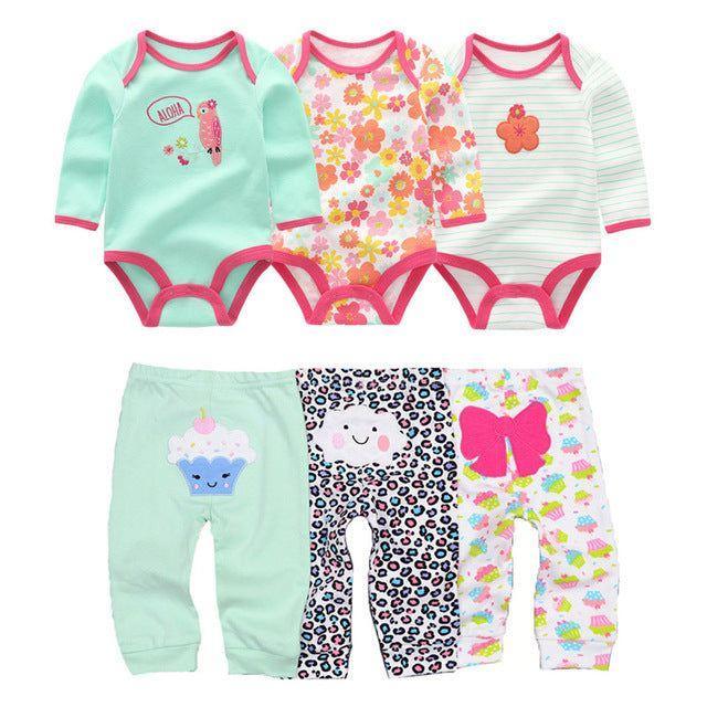 Colorful baby bodysuits and pants set with playful cartoon prints, long sleeves, cotton blend, unisex fit.