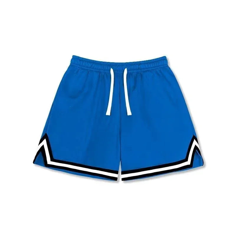 Blue mesh athletic shorts with white drawstring and black and white chevron trim, relaxed fit