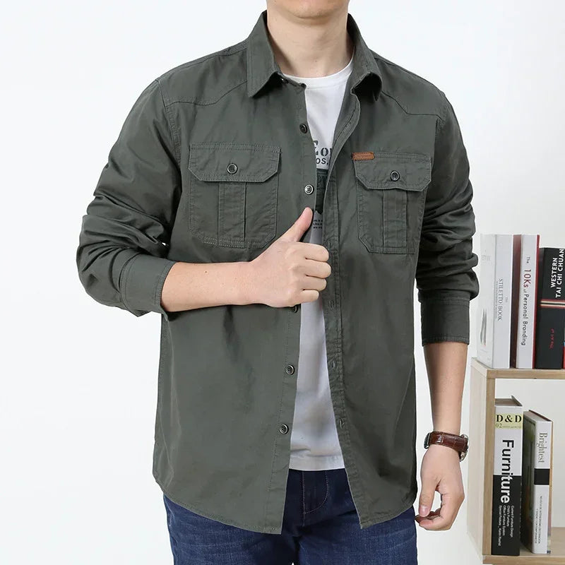 Men’s olive green button-up shirt with chest pockets, long sleeves, relaxed fit