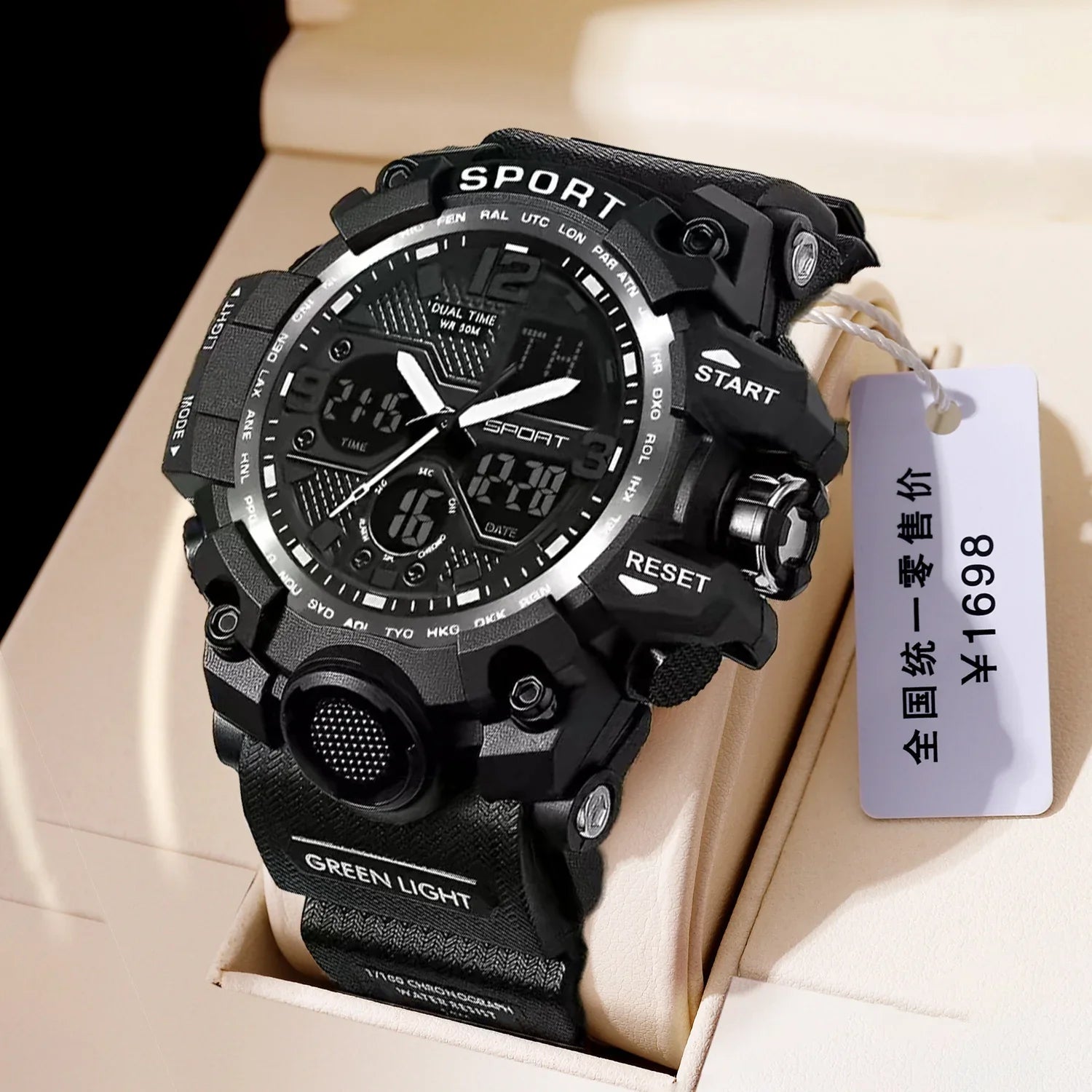 Black digital-analog sports watch with rugged design, large dial, and nylon strap.
