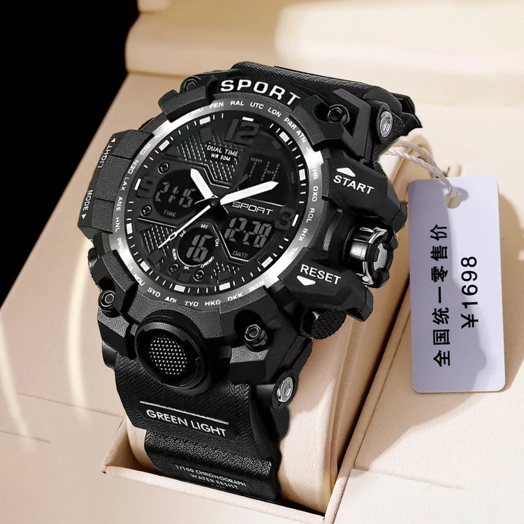 Black digital-analog sports watch with rugged design, large dial, and nylon strap.