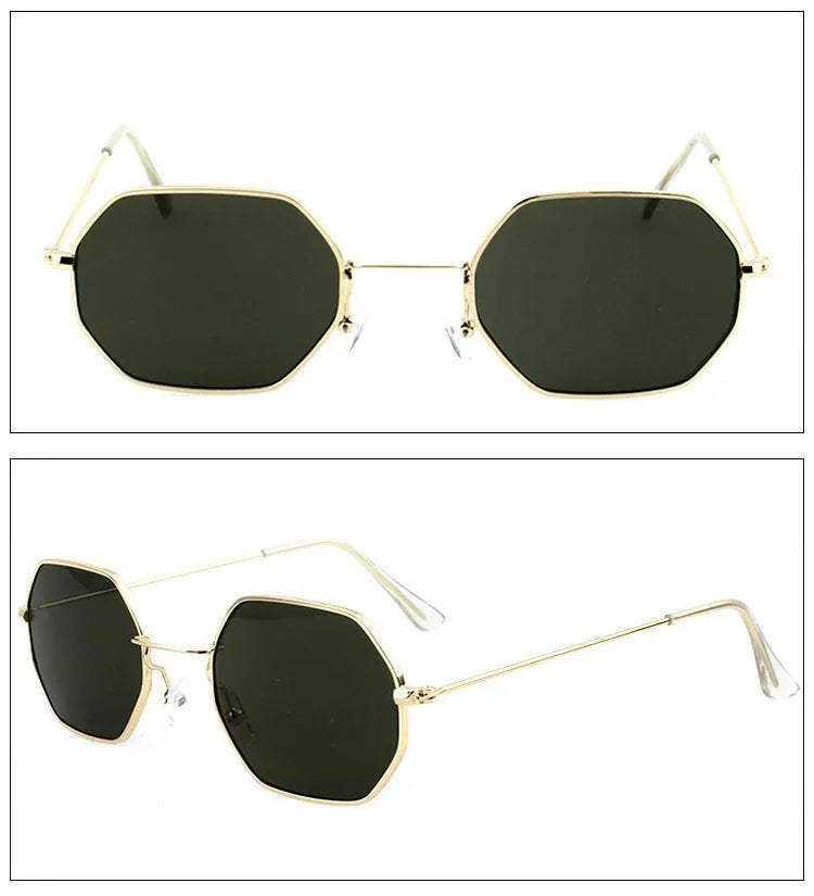 Geometric octagon sunglasses with gold metal frame and dark tinted lenses, modern streetwear style.