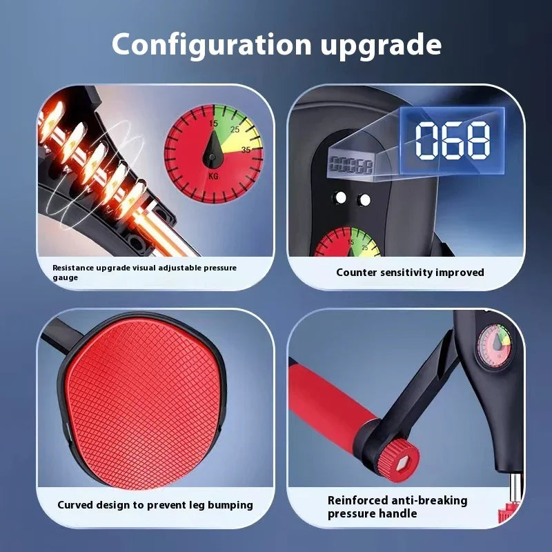 Adjustable strength training grip device with digital counter, pressure gauge, red anti-slip handle, and curved leg-protective pad.