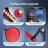 Adjustable strength training grip device with digital counter, pressure gauge, red anti-slip handle, and curved leg-protective pad.