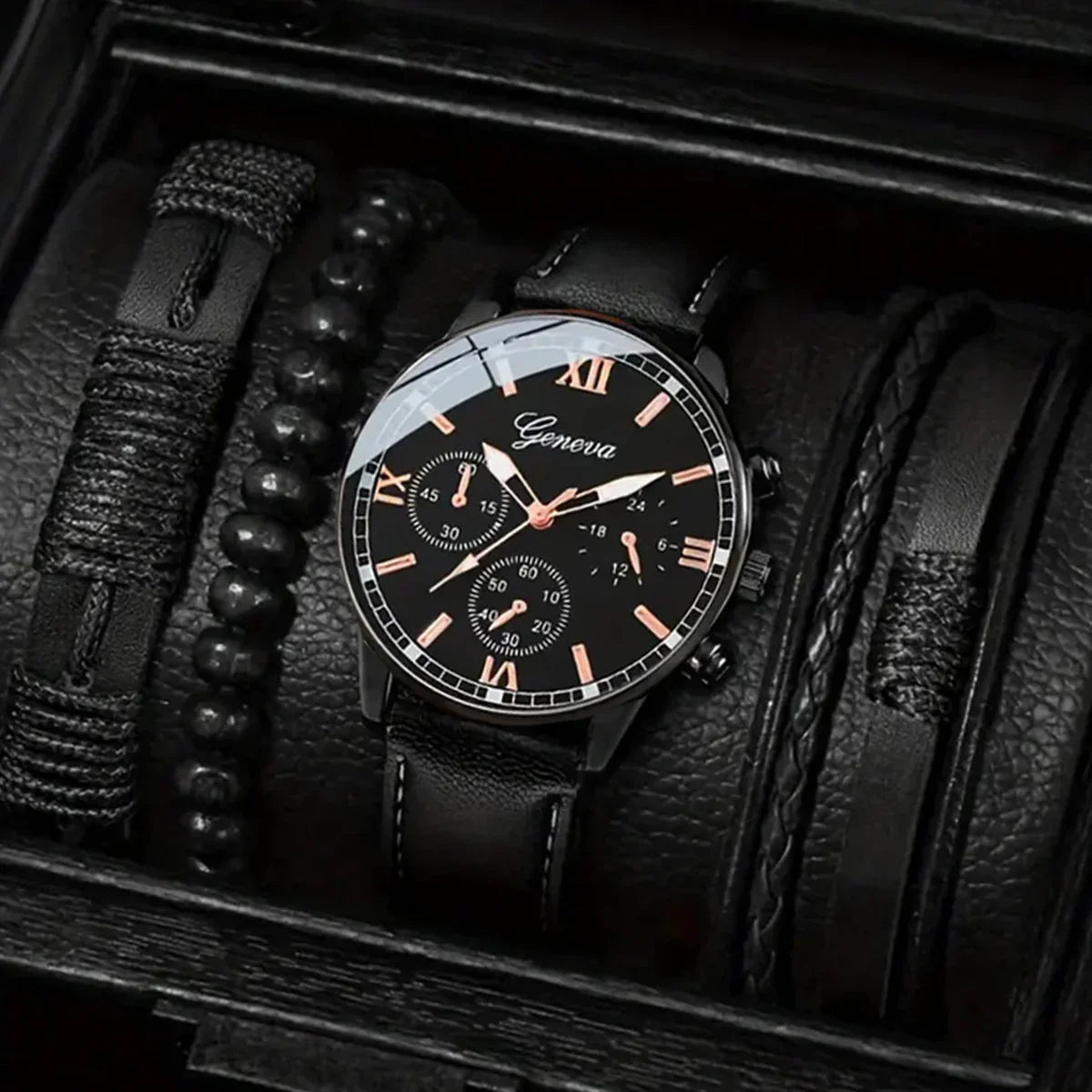 Black leather watch with rose gold Roman numerals and matching black beaded bracelets