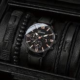 Black leather watch with rose gold Roman numerals and matching black beaded bracelets