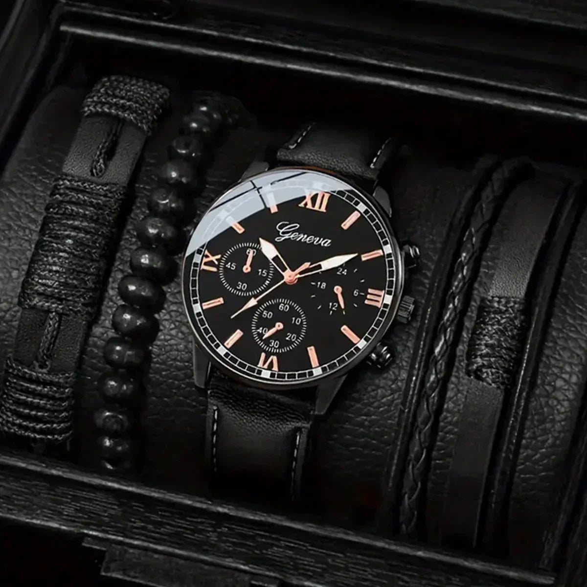 Black leather watch with rose gold Roman numerals and matching black beaded bracelets