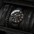 Black leather watch with rose gold Roman numerals and matching black beaded bracelets