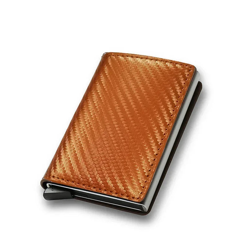 Slim brown carbon fiber wallet with textured finish and minimalist design