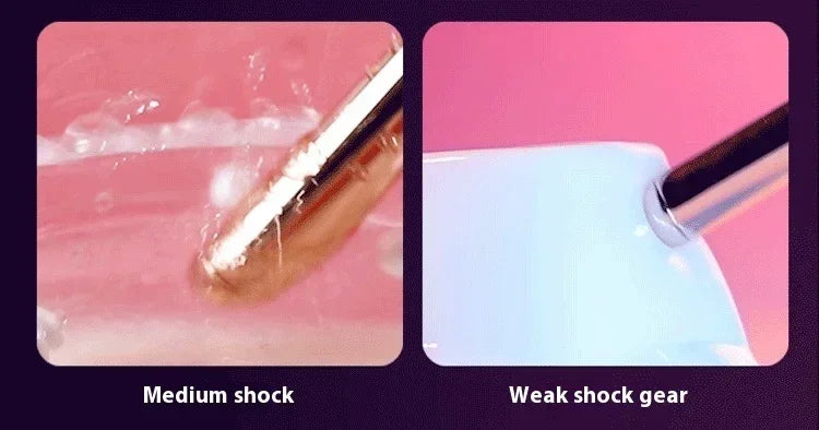 Close-up of electric dental cleaning tool in use, showing medium and weak vibration levels.
