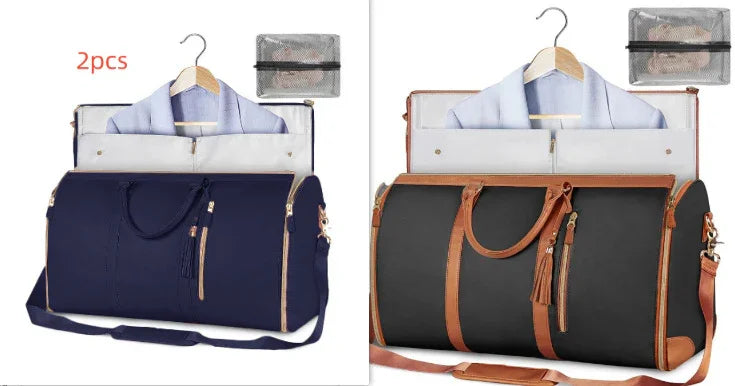 Men’s dress shirts displayed with navy and black garment duffel bags and mesh toiletry case