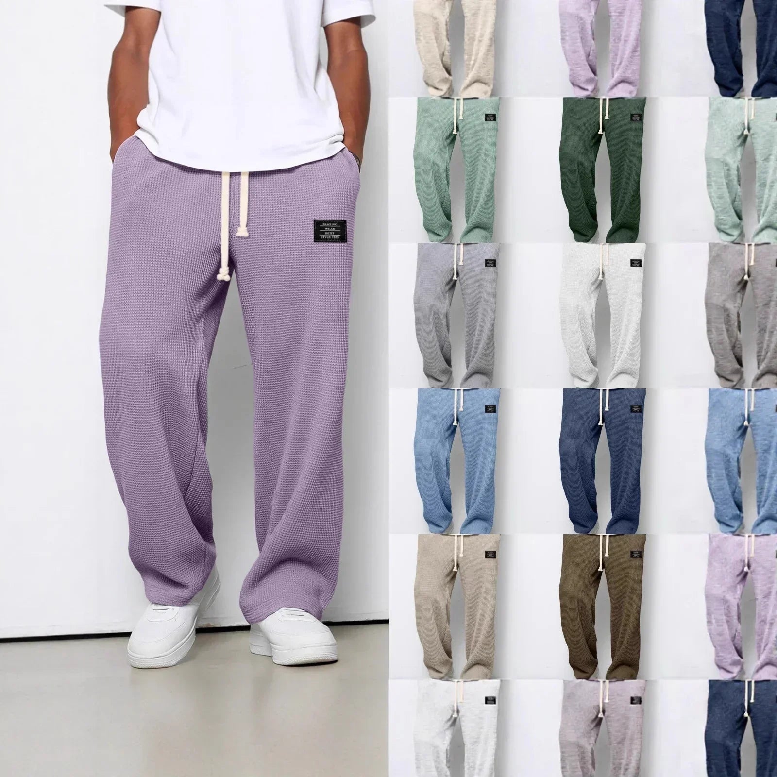 Relaxed fit waffle knit lounge pants in multiple colors, unisex streetwear style