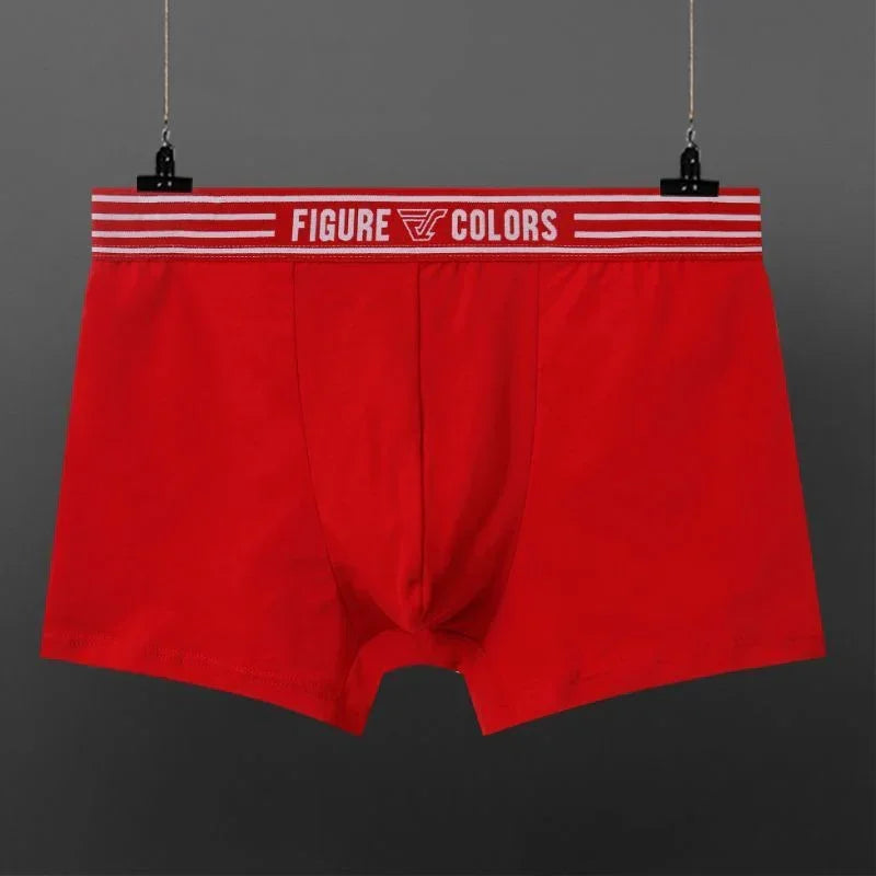 Red men's boxer briefs with elastic waistband, cotton material, slim fit, modern style