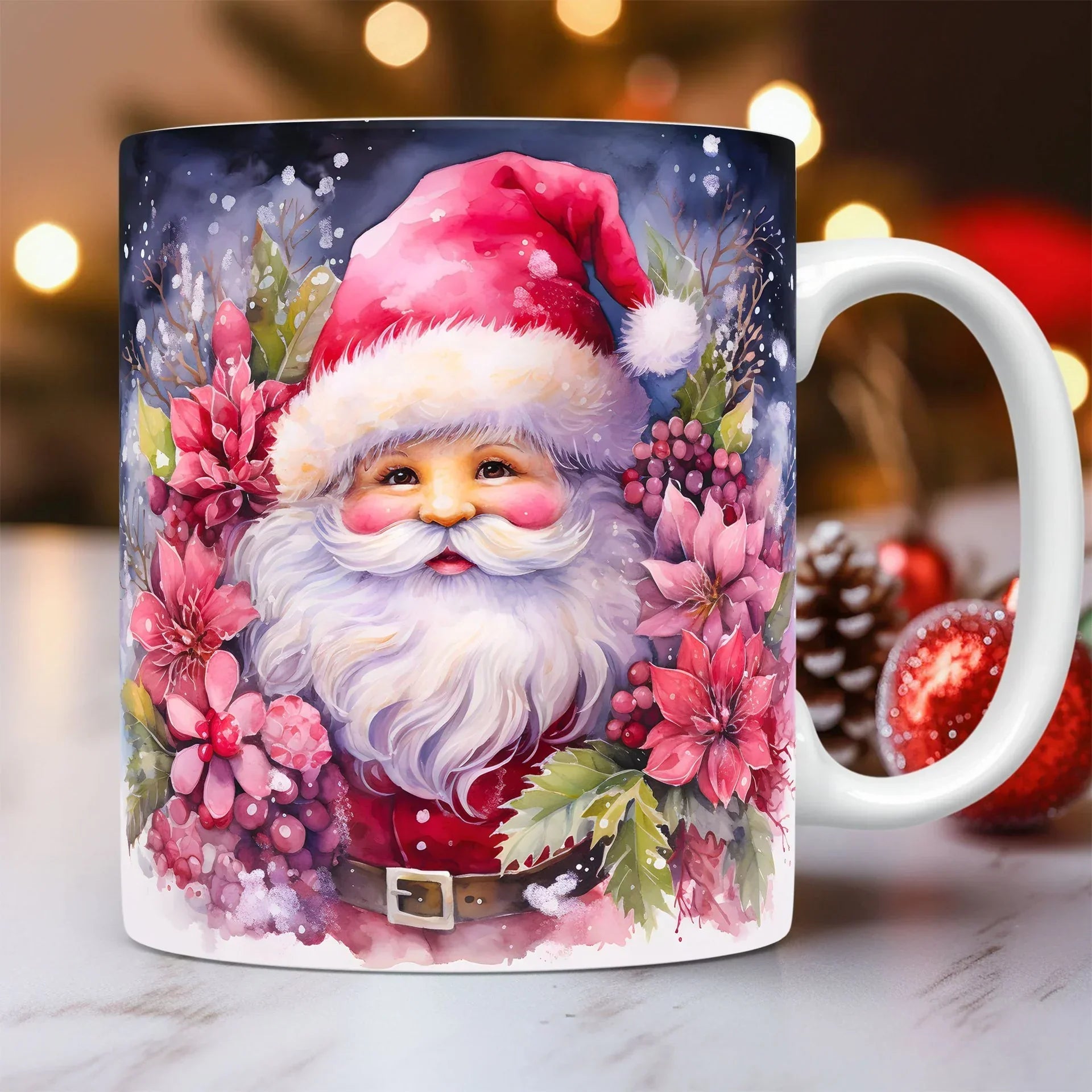 White ceramic mug with vibrant Santa Claus and poinsettia floral design, glossy finish