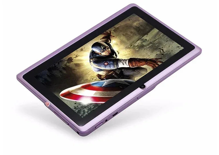 Purple tablet with HD display showing action movie scene, slim modern tech accessory