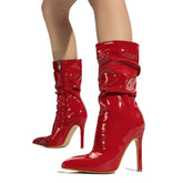 Glossy red patent leather high-heel ankle boots with pointed toes and side zippers.