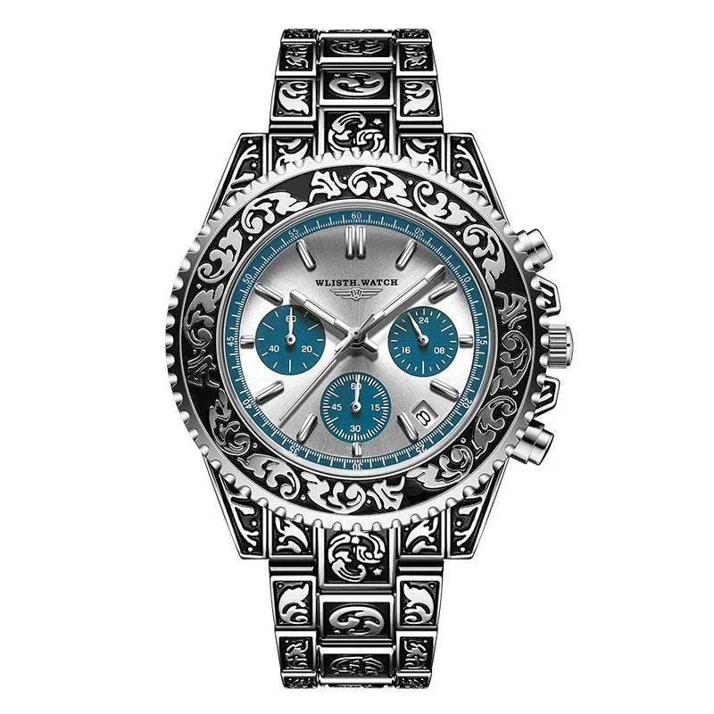 Silver stainless steel watch with ornate engraved band, blue chronograph subdials, and metallic dial