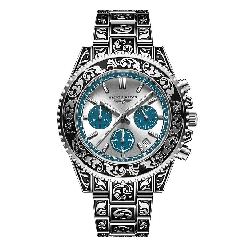 Silver stainless steel watch with ornate engraved band, blue chronograph subdials, and metallic dial