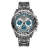 Silver stainless steel watch with ornate engraved band, blue chronograph subdials, and metallic dial