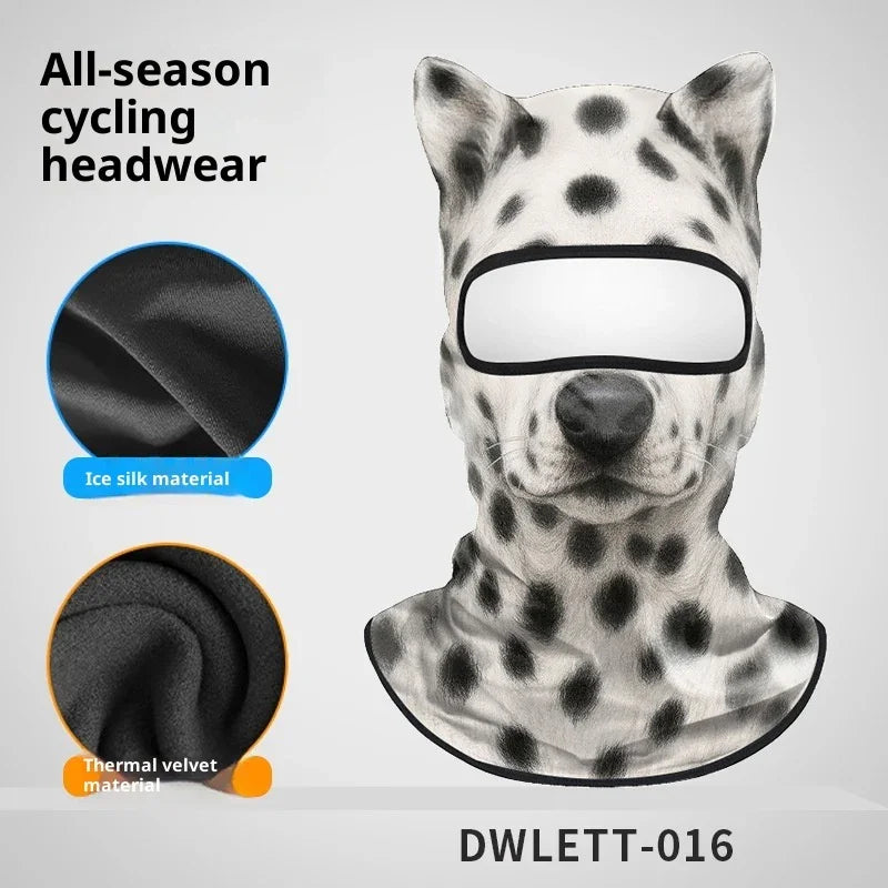 Dalmatian-print full face cycling balaclava with ice silk and thermal velvet material.