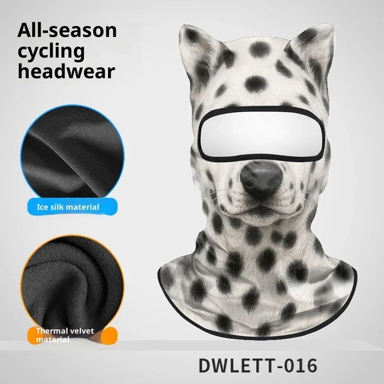 Dalmatian-print full face cycling balaclava with ice silk and thermal velvet material.