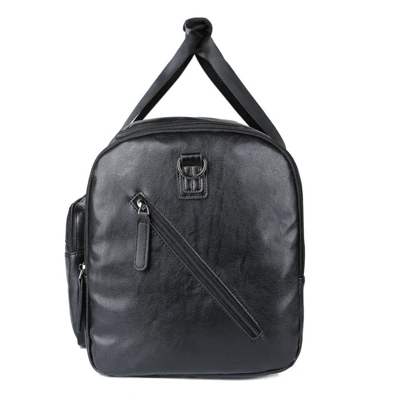 Sleek black faux leather backpack with front zip pocket, modern minimalist design, adjustable straps