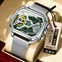 Futuristic silver mesh band watch with green dual time dial and digital display
