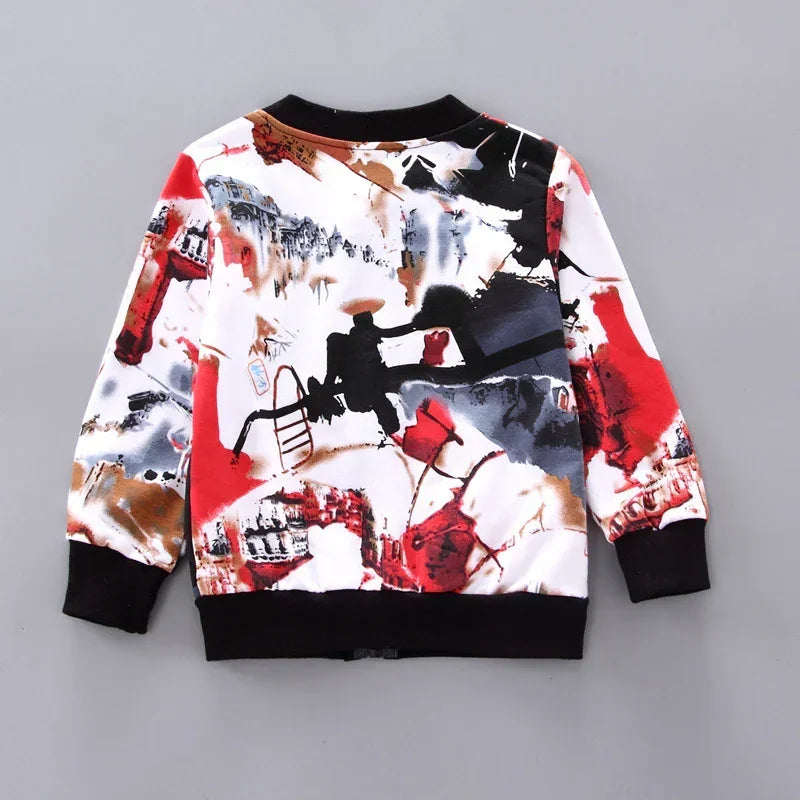 Abstract print streetwear sweatshirt with red, black, brown, and white colors, loose fit.