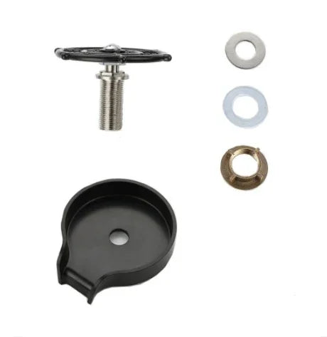 Black plastic round drain cover kit with metal bolt, washers, and gasket components.