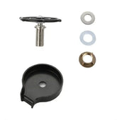 Black plastic round drain cover kit with metal bolt, washers, and gasket components.