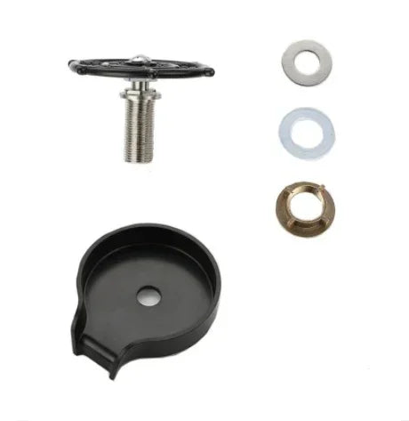 Black plastic round drain cover kit with metal bolt, washers, and gasket components.