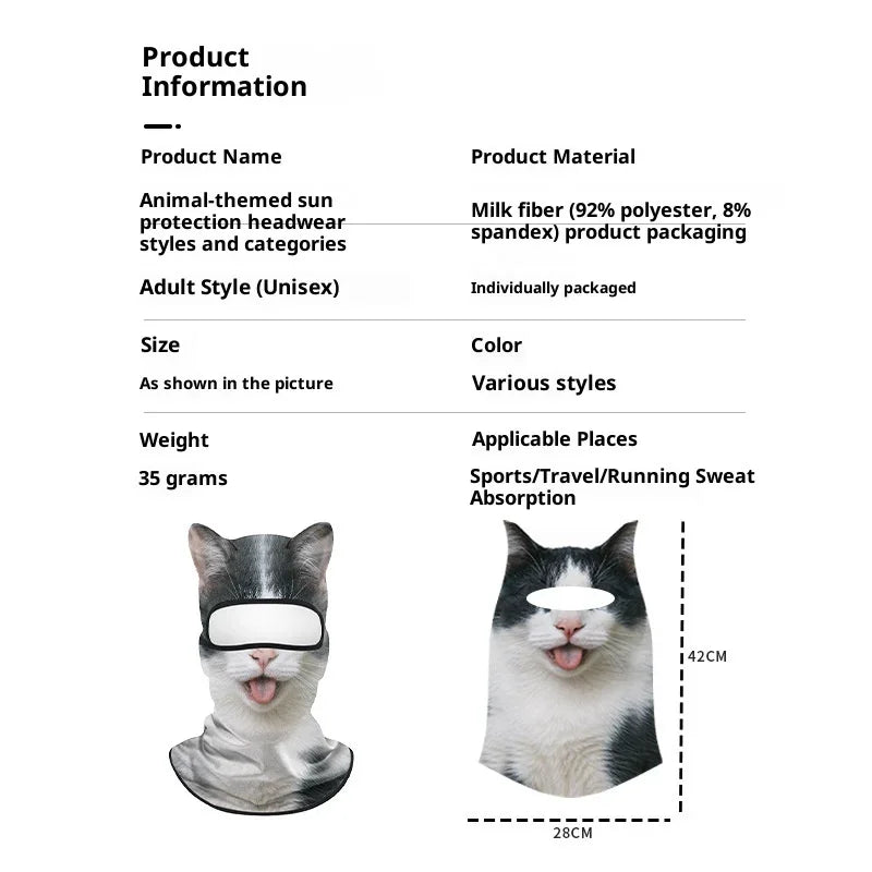 Unisex animal print sun protection headwear, cat face design, soft polyester-spandex blend, multiple colors, snug fit.