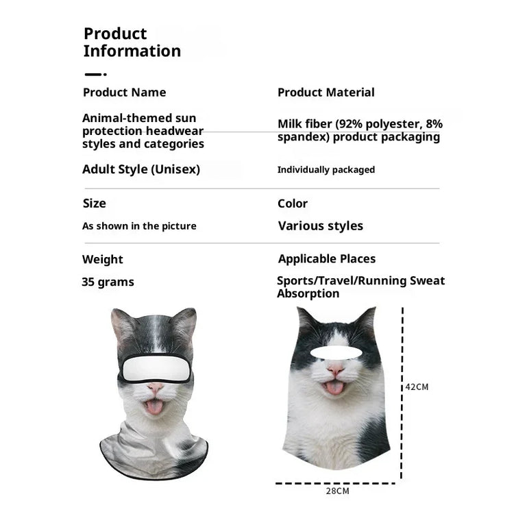 Unisex animal print sun protection headwear, cat face design, soft polyester-spandex blend, multiple colors, snug fit.