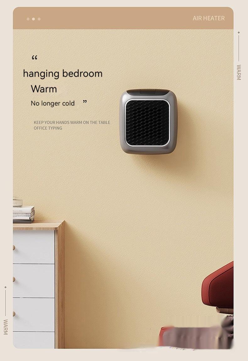 Modern wall-mounted air heater in minimalist bedroom with beige wall and wood furniture.