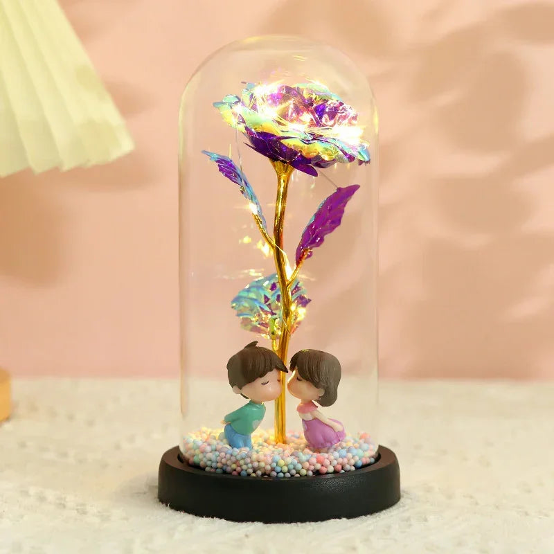 Iridescent LED rose in glass dome with cute couple figurines, pastel colors, decorative gift