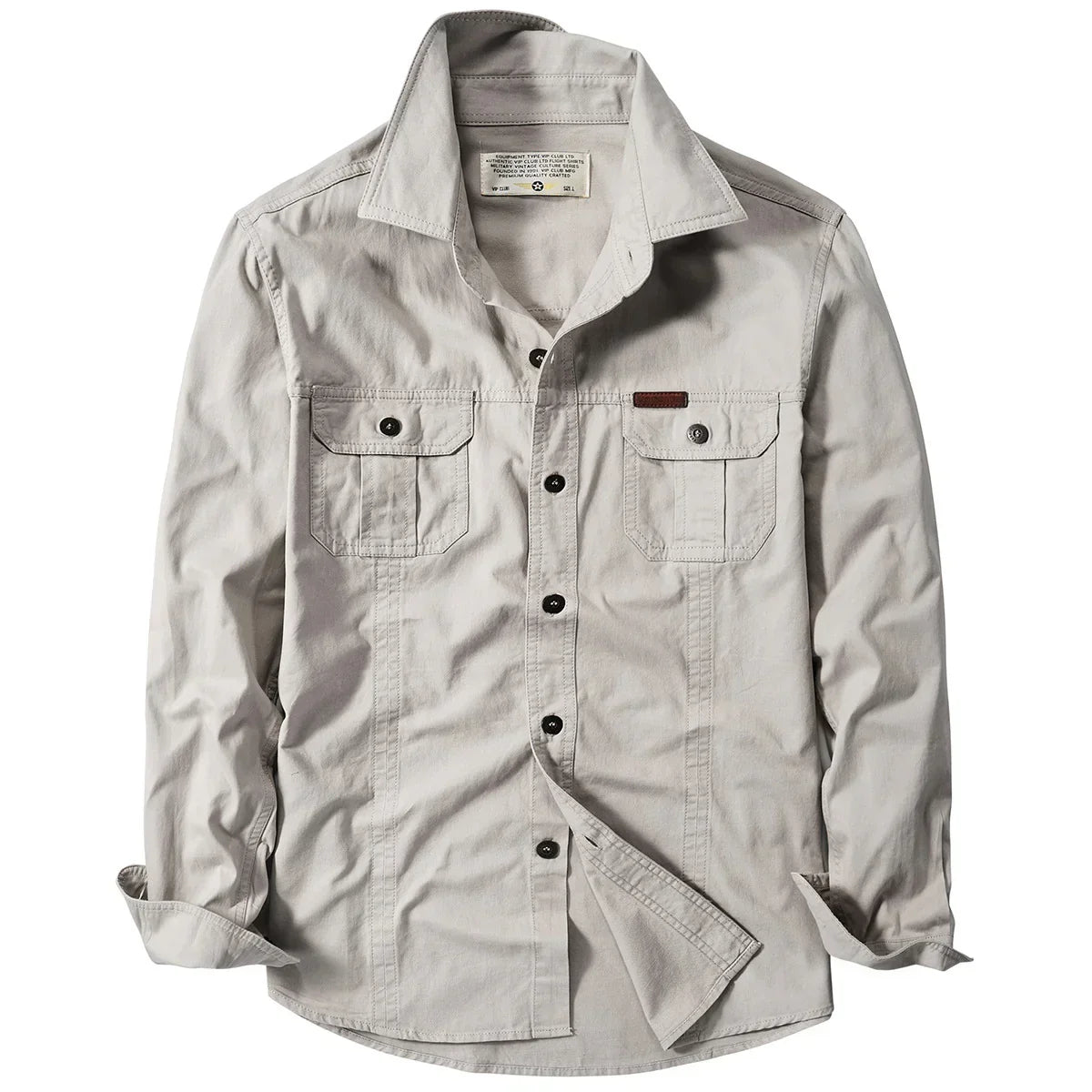 Light gray button-up shirt with chest pockets, long sleeves, cotton fabric, regular fit