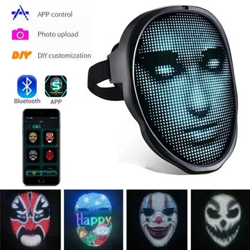 Futuristic LED face mask with customizable digital display, adjustable fit, black techwear style