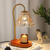 Modern table lamp with gold stem, vintage glass shade, and wood base on a desk beside decor.