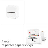 Compact white thermal label printer with four rolls of sticky printer paper